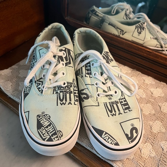 VANS Off the Wall Classic Low Top Logo Collage Sneakers Mint Green Black Wms 6.5 - Picture 2 of 9